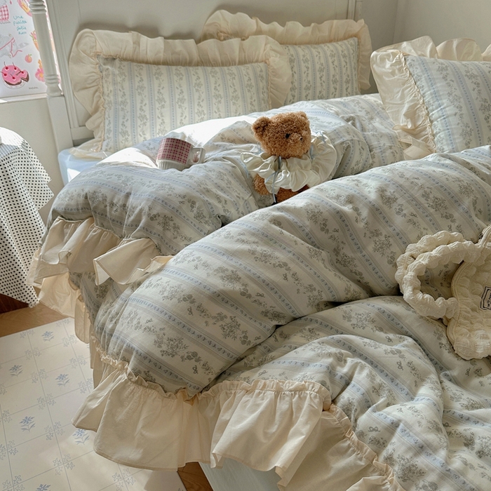 91家纺网 家纺一手货源 找家纺 六巷胡同2025新款法式小碎花a类全棉双层纱花边款四件套 双层纱-浅野茶漾