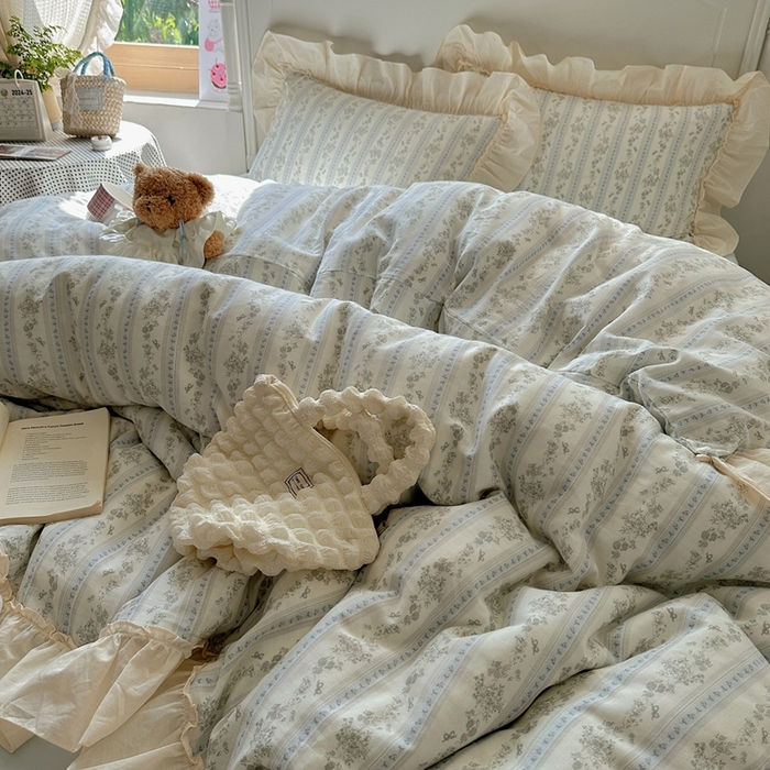 91家纺网 家纺一手货源 找家纺 六巷胡同2025新款法式小碎花a类全棉双层纱花边款四件套 双层纱-浅野茶漾