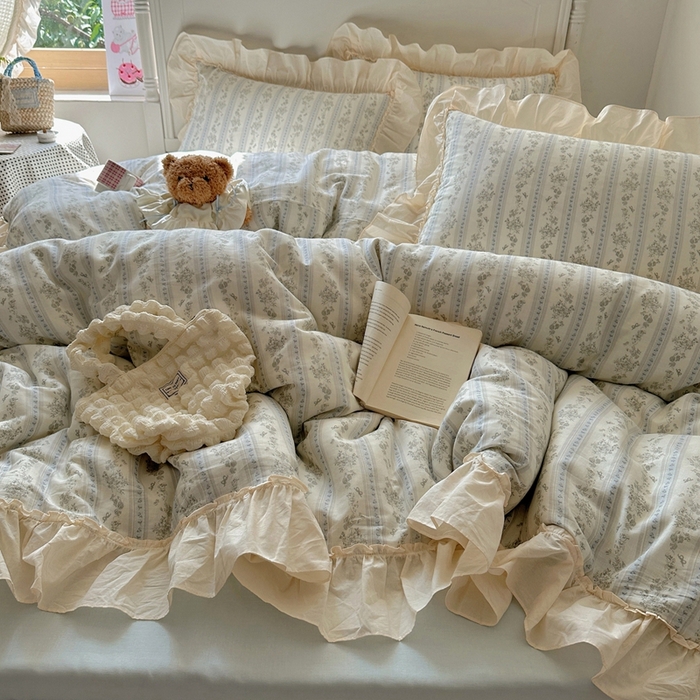 91家纺网 家纺一手货源 找家纺 六巷胡同2025新款法式小碎花a类全棉双层纱花边款四件套 双层纱-浅野茶漾