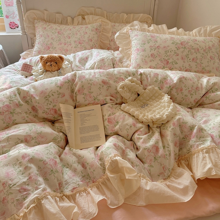 91家纺网 家纺一手货源 找家纺 六巷胡同2025新款法式小碎花a类全棉双层纱花边款四件套 双层纱-蔷薇岛屿