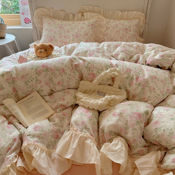 91家纺网 家纺一手货源 找家纺 六巷胡同2025新款法式小碎花a类全棉双层纱花边款四件套 双层纱-蔷薇岛屿