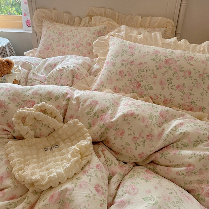 91家纺网 家纺一手货源 找家纺 六巷胡同2025新款法式小碎花a类全棉双层纱花边款四件套 双层纱-蔷薇岛屿