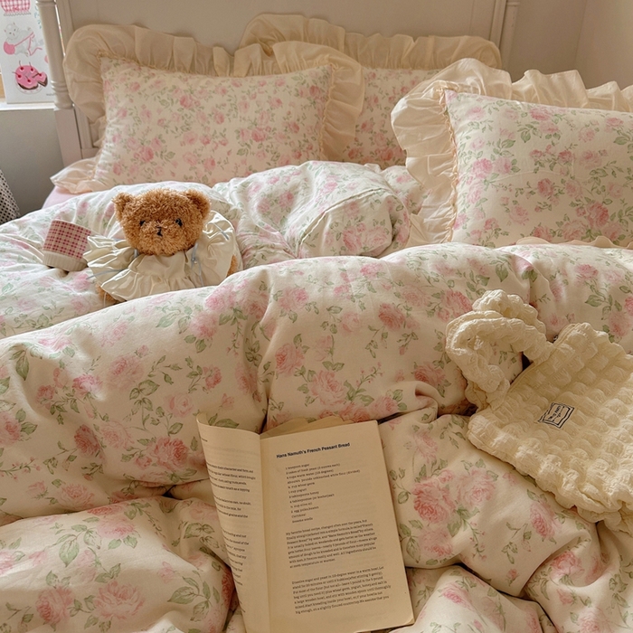 91家纺网 家纺一手货源 找家纺 六巷胡同2025新款法式小碎花a类全棉双层纱花边款四件套 双层纱-蔷薇岛屿