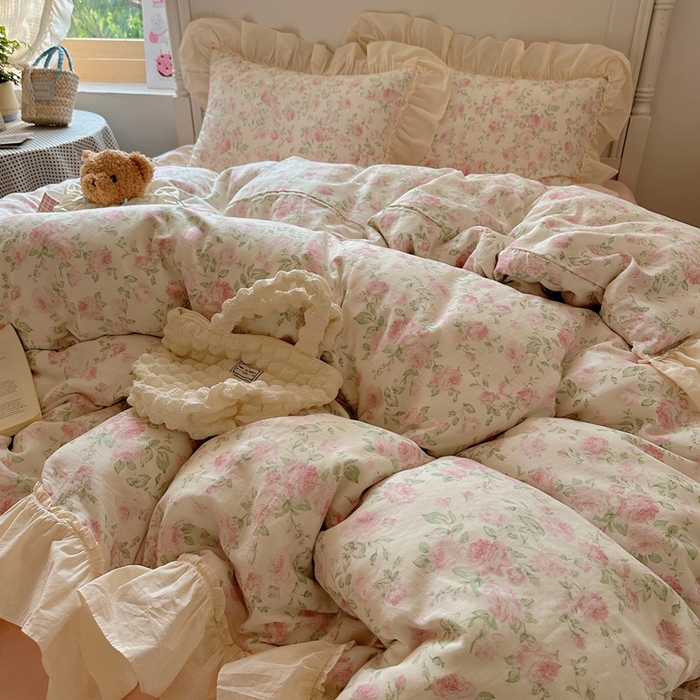 91家纺网 家纺一手货源 找家纺 六巷胡同2025新款法式小碎花a类全棉双层纱花边款四件套 双层纱-蔷薇岛屿