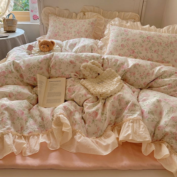 91家纺网 家纺一手货源 找家纺 六巷胡同2025新款法式小碎花a类全棉双层纱花边款四件套 双层纱-蔷薇岛屿