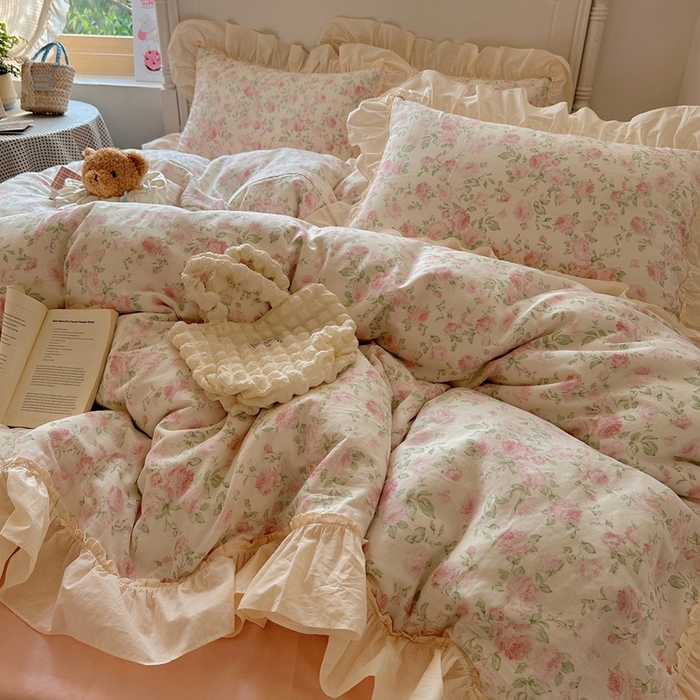 91家纺网 家纺一手货源 找家纺 六巷胡同2025新款法式小碎花a类全棉双层纱花边款四件套 双层纱-蔷薇岛屿