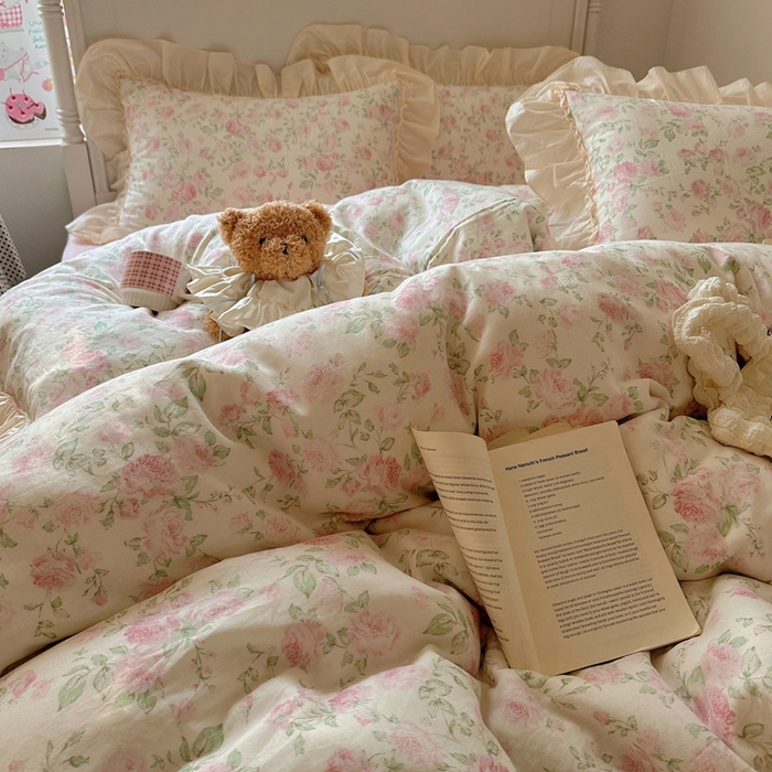 91家纺网 家纺一手货源 找家纺 六巷胡同2025新款法式小碎花a类全棉双层纱花边款四件套 双层纱-蔷薇岛屿