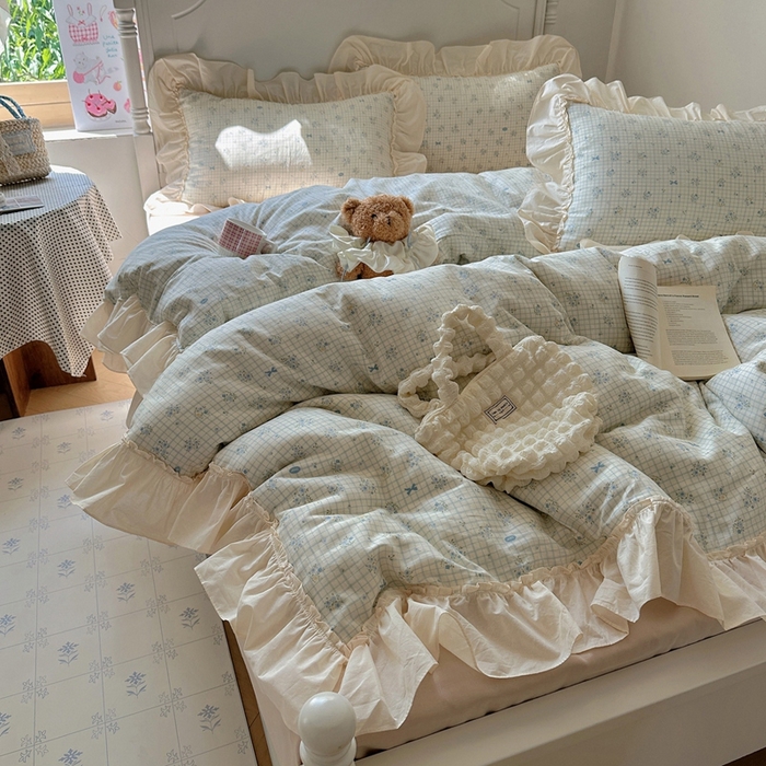 91家纺网 家纺一手货源 找家纺 六巷胡同2025新款法式小碎花a类全棉双层纱花边款四件套 双层纱-薇蓝物语