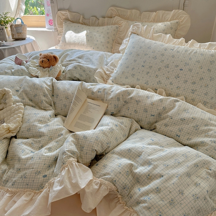 91家纺网 家纺一手货源 找家纺 六巷胡同2025新款法式小碎花a类全棉双层纱花边款四件套 双层纱-薇蓝物语