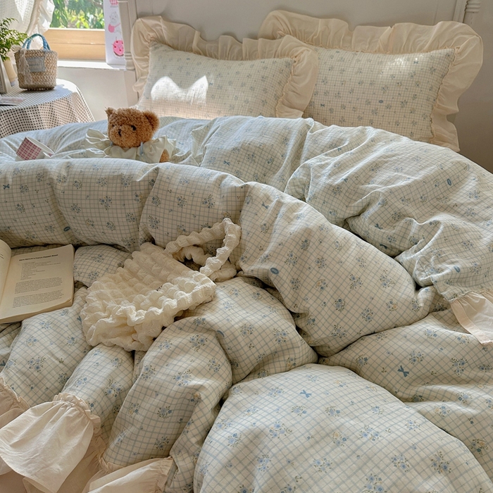 91家纺网 家纺一手货源 找家纺 六巷胡同2025新款法式小碎花a类全棉双层纱花边款四件套 双层纱-薇蓝物语