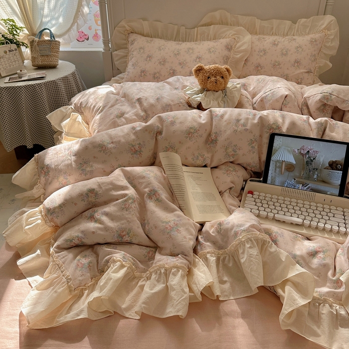 六巷胡同2025新款法式小碎花a类全棉双层纱花边款四件套 双层纱-风栖木槿