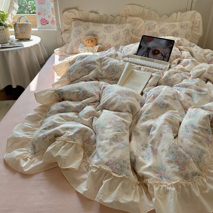 六巷胡同2025新款法式小碎花a类全棉双层纱花边款四件套 双层纱-莫奈花圃