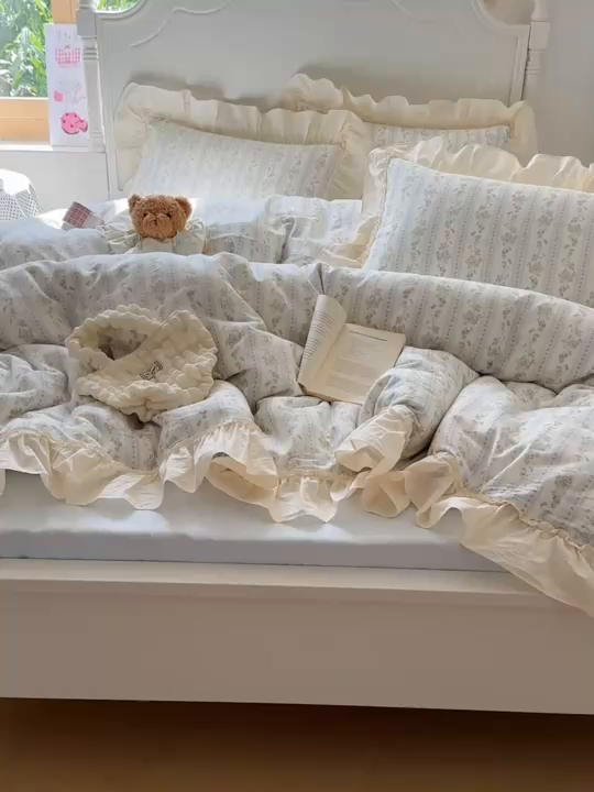 91家纺网 家纺一手货源 找家纺 六巷胡同2025新款法式小碎花a类全棉双层纱花边款四件套 双层纱-浅野茶漾