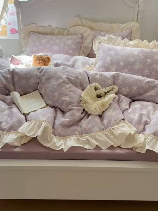 91家纺网 家纺一手货源 找家纺 六巷胡同2025新款法式小碎花a类全棉双层纱花边款四件套 双层纱-慕笙若梦