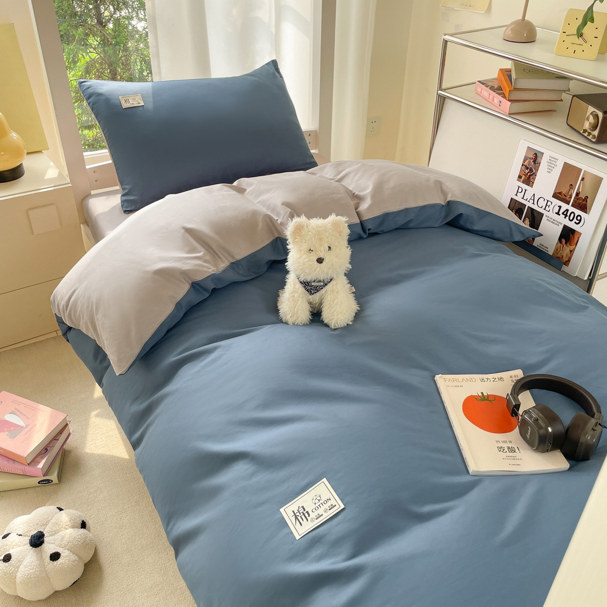 91家纺网 家纺一手货源 找家纺 莱通家纺 2025春夏新款纯棉13372纯色双拼学生三件套 宾利蓝+山灰