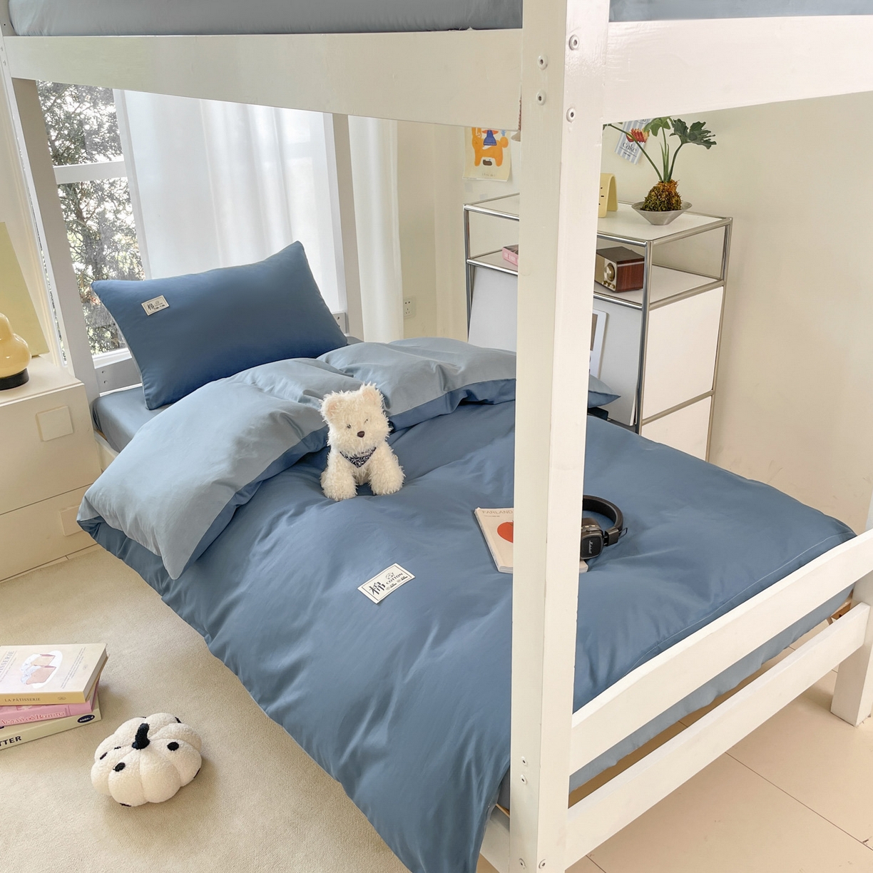 莱通家纺 2025春夏新款纯棉13372纯色双拼学生三件套 宾利蓝+天空蓝