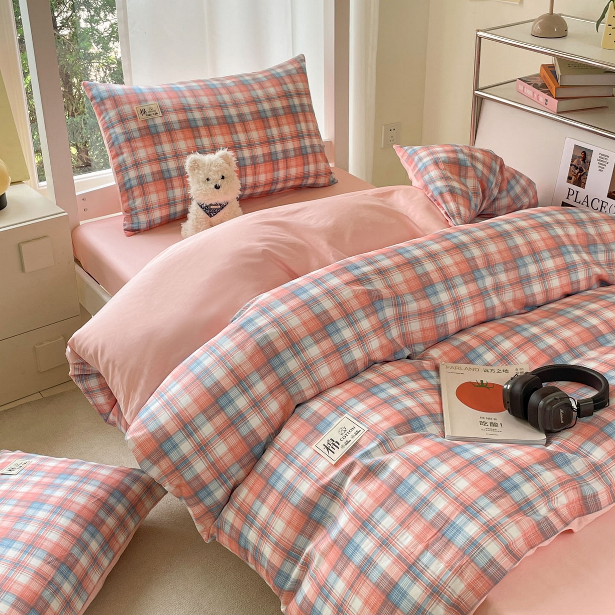 91家纺网 家纺一手货源 找家纺 莱通家纺 2025春夏新款纯棉13372纯色双拼学生三件套 粉小格