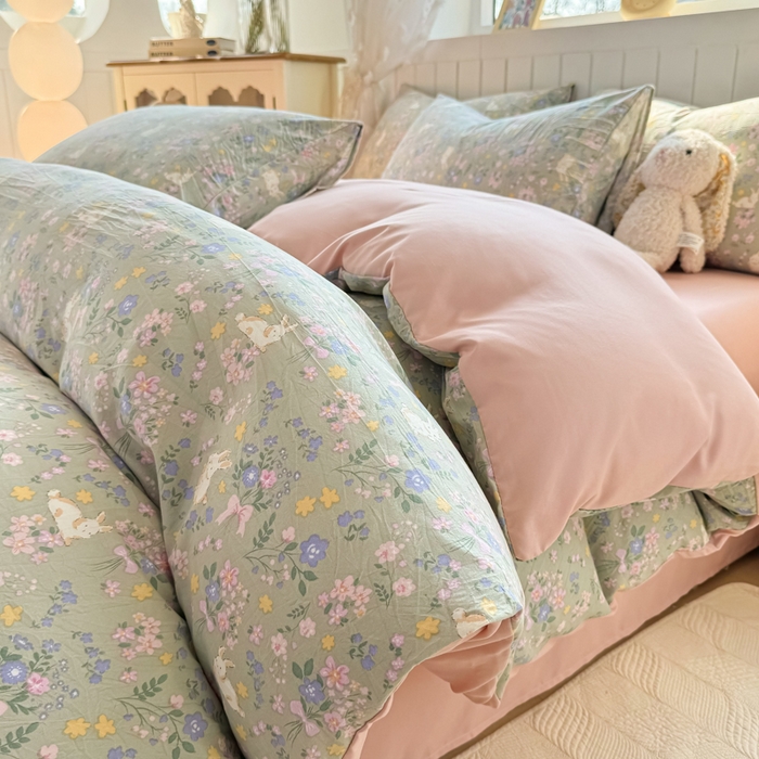 91家纺网 家纺一手货源 找家纺 小叮当家纺仓储工厂店 （提供买家秀 爆款花型 不断货）2025新款水洗皱皱棉印花小清新四件套 花里