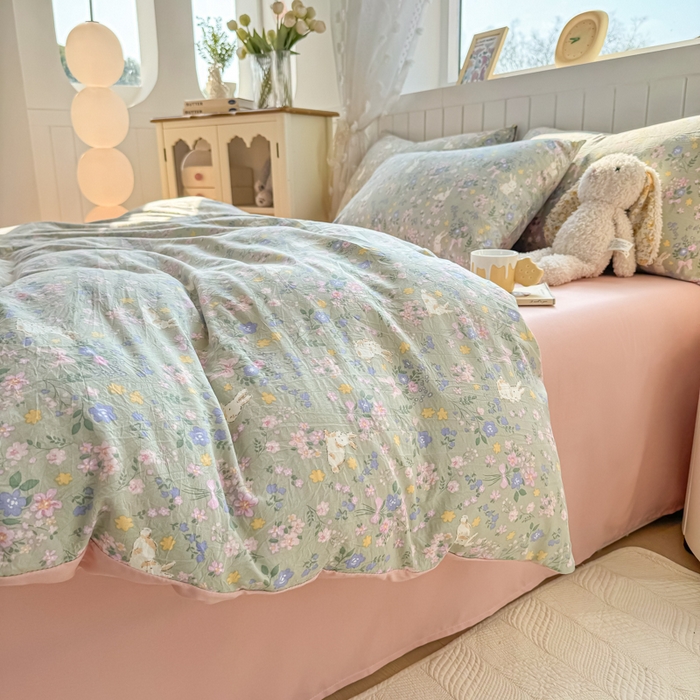 91家纺网 家纺一手货源 找家纺 小叮当家纺仓储工厂店 （提供买家秀 爆款花型 不断货）2025新款水洗皱皱棉印花小清新四件套 花里