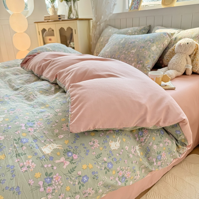 91家纺网 家纺一手货源 找家纺 小叮当家纺仓储工厂店 （提供买家秀 爆款花型 不断货）2025新款水洗皱皱棉印花小清新四件套 花里