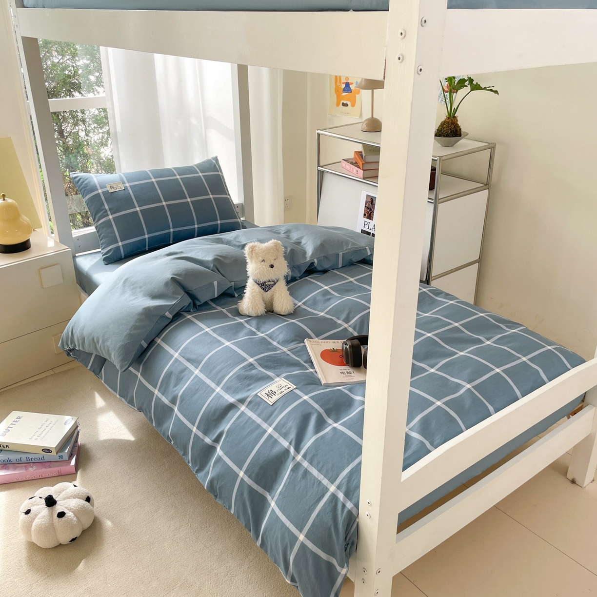 莱通家纺 2025春夏新款纯棉13372纯色双拼学生三件套 蓝调时刻