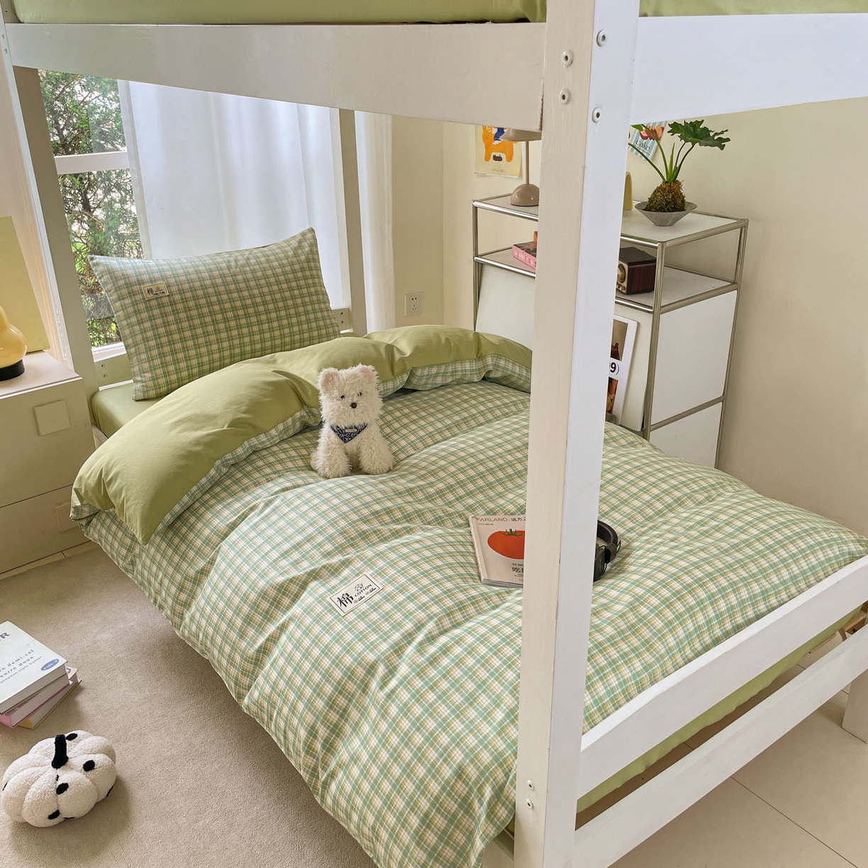 莱通家纺 2025春夏新款纯棉13372纯色双拼学生三件套 绿小格