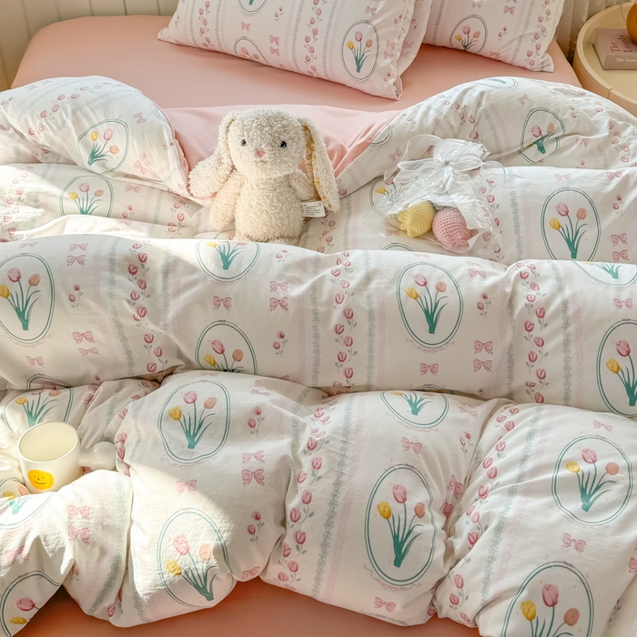 91家纺网 家纺一手货源 找家纺 小叮当家纺仓储工厂店 （提供买家秀 爆款花型 不断货）2025新款水洗皱皱棉印花小清新四件套 粉黛