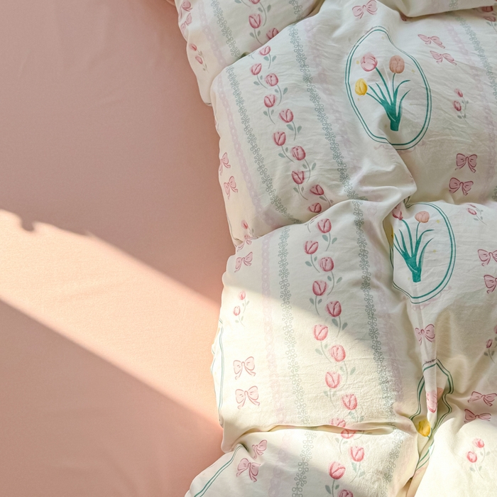 91家纺网 家纺一手货源 找家纺 小叮当家纺仓储工厂店 （提供买家秀 爆款花型 不断货）2025新款水洗皱皱棉印花小清新四件套 粉黛