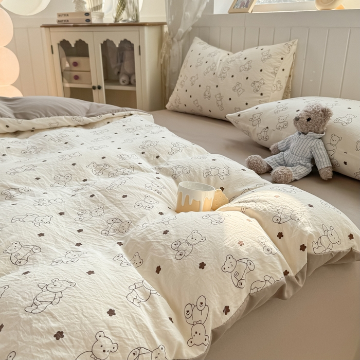 91家纺网 家纺一手货源 找家纺 小叮当家纺仓储工厂店 （提供买家秀 爆款花型 不断货）2025新款水洗皱皱棉印花小清新四件套 丹尼熊