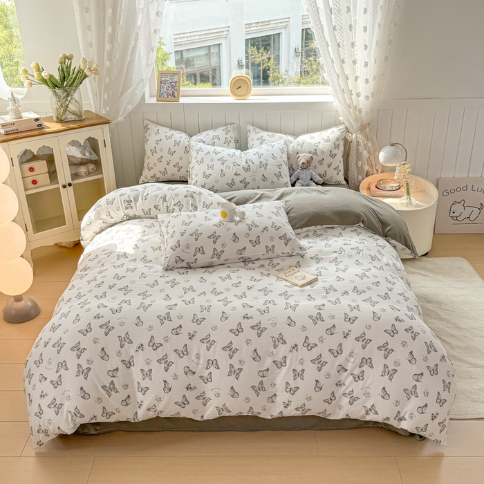 91家纺网 家纺一手货源 找家纺 小叮当家纺仓储工厂店 （提供买家秀 爆款花型 不断货）2025新款水洗皱皱棉印花小清新四件套 蝶舞