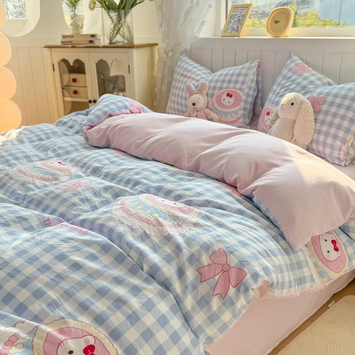 91家纺网 家纺一手货源 找家纺 小叮当家纺仓储工厂店 （提供买家秀 爆款花型 不断货）2025新款水洗皱皱棉印花小清新四件套 蛋糕喵