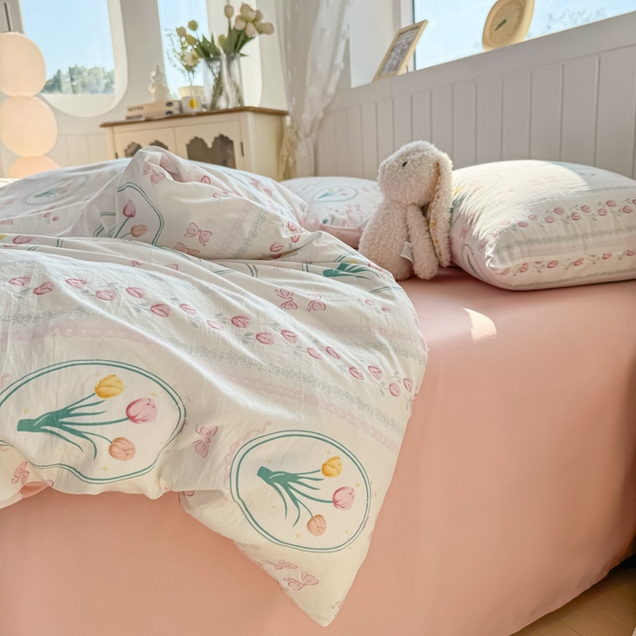 91家纺网 家纺一手货源 找家纺 小叮当家纺仓储工厂店 （提供买家秀 爆款花型 不断货）2025新款水洗皱皱棉印花小清新四件套 粉黛