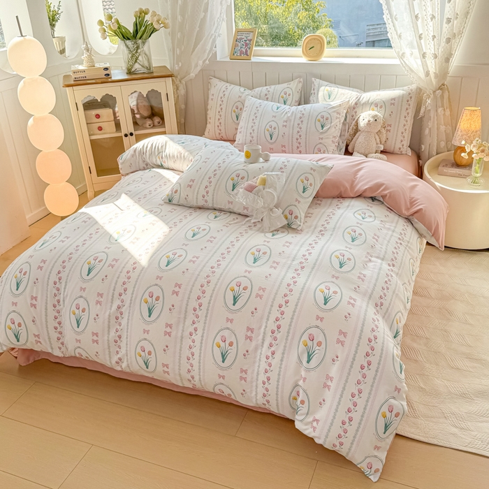 91家纺网 家纺一手货源 找家纺 小叮当家纺仓储工厂店 （提供买家秀 爆款花型 不断货）2025新款水洗皱皱棉印花小清新四件套 粉黛