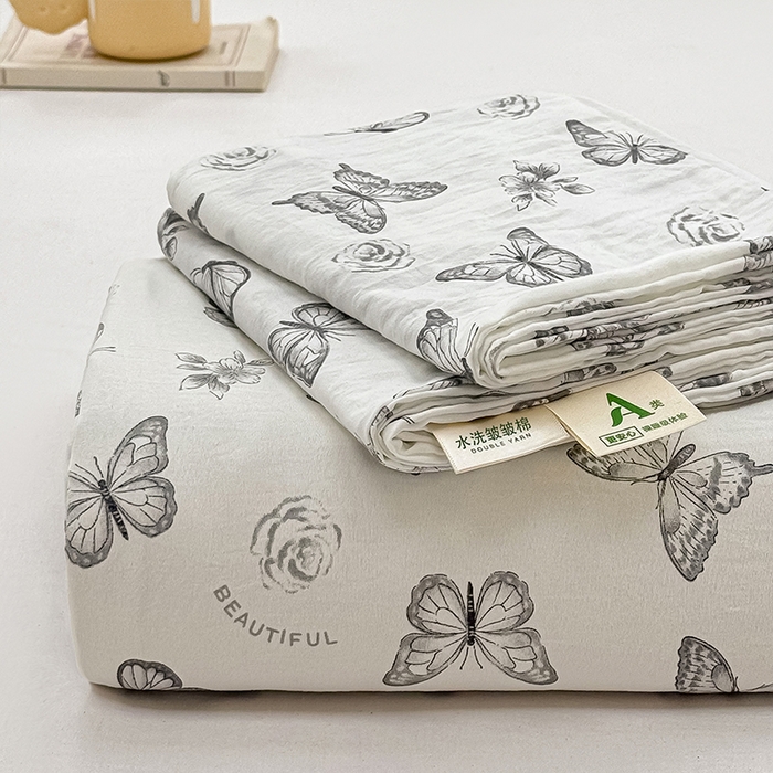 小叮当家纺仓储工厂店 （提供买家秀 爆款花型 不断货）2025新款水洗皱皱棉印花小清新四件套 蝶舞