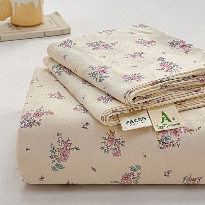 小叮当家纺仓储工厂店 （提供买家秀 爆款花型 不断货）2025新款水洗皱皱棉印花小清新四件套 初颜