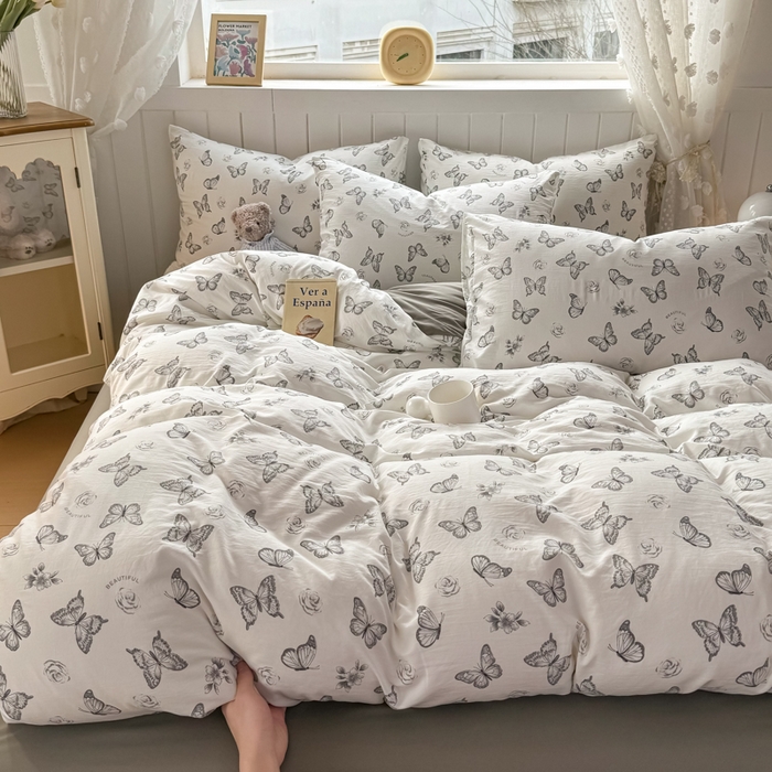 91家纺网 家纺一手货源 找家纺 小叮当家纺仓储工厂店 （提供买家秀 爆款花型 不断货）2025新款水洗皱皱棉印花小清新四件套 蝶舞