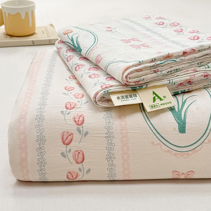 小叮当家纺仓储工厂店 （提供买家秀 爆款花型 不断货）2025新款水洗皱皱棉印花小清新四件套 粉黛