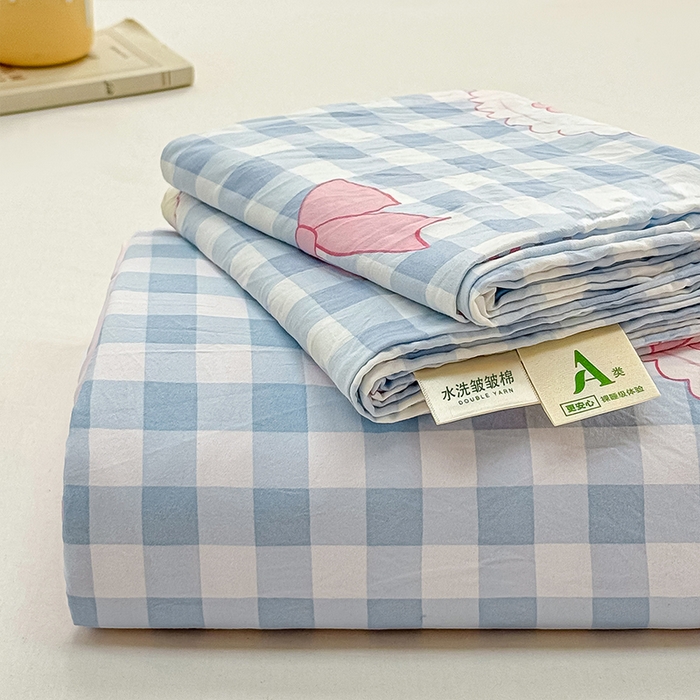 小叮当家纺仓储工厂店 （提供买家秀 爆款花型 不断货）2025新款水洗皱皱棉印花小清新四件套 蛋糕喵