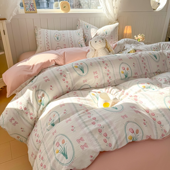 91家纺网 家纺一手货源 找家纺 小叮当家纺仓储工厂店 （提供买家秀 爆款花型 不断货）2025新款水洗皱皱棉印花小清新四件套 粉黛