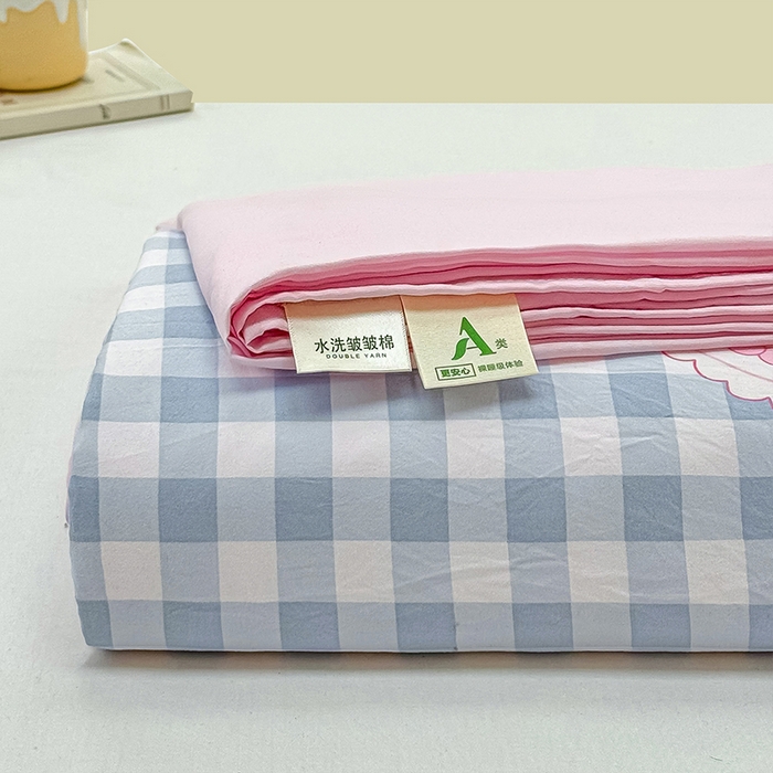 91家纺网 家纺一手货源 找家纺 小叮当家纺仓储工厂店 （提供买家秀 爆款花型 不断货）2025新款水洗皱皱棉印花小清新四件套 蛋糕喵