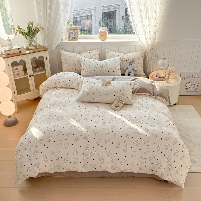 91家纺网 家纺一手货源 找家纺 小叮当家纺仓储工厂店 （提供买家秀 爆款花型 不断货）2025新款水洗皱皱棉印花小清新四件套 丹尼熊