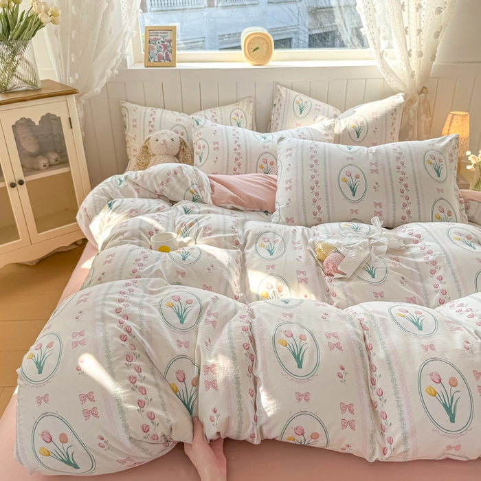 91家纺网 家纺一手货源 找家纺 小叮当家纺仓储工厂店 （提供买家秀 爆款花型 不断货）2025新款水洗皱皱棉印花小清新四件套 粉黛