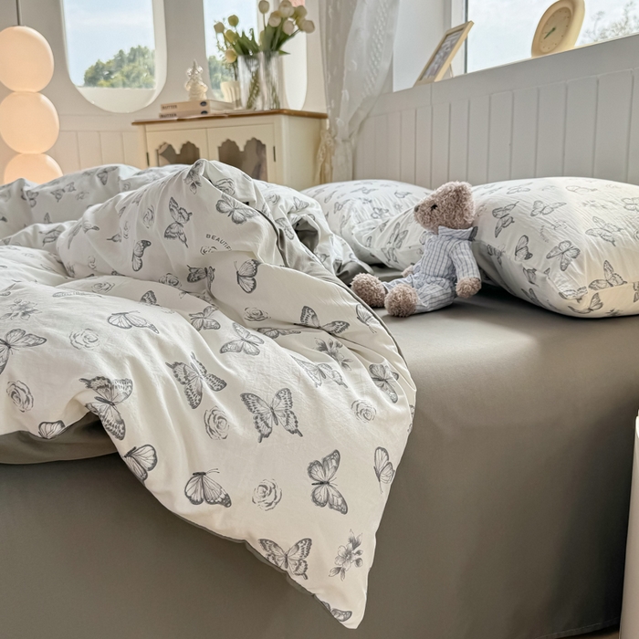 91家纺网 家纺一手货源 找家纺 小叮当家纺仓储工厂店 （提供买家秀 爆款花型 不断货）2025新款水洗皱皱棉印花小清新四件套 蝶舞