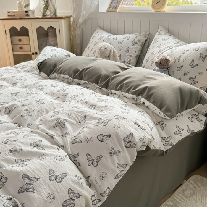 91家纺网 家纺一手货源 找家纺 小叮当家纺仓储工厂店 （提供买家秀 爆款花型 不断货）2025新款水洗皱皱棉印花小清新四件套 蝶舞