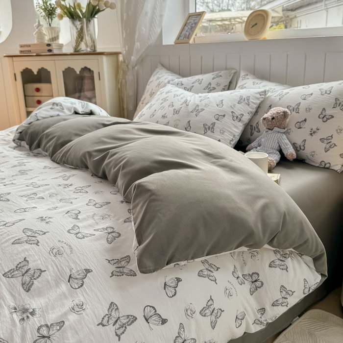 91家纺网 家纺一手货源 找家纺 小叮当家纺仓储工厂店 （提供买家秀 爆款花型 不断货）2025新款水洗皱皱棉印花小清新四件套 蝶舞