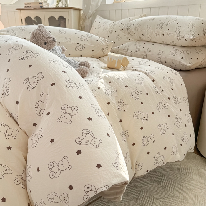 91家纺网 家纺一手货源 找家纺 小叮当家纺仓储工厂店 （提供买家秀 爆款花型 不断货）2025新款水洗皱皱棉印花小清新四件套 丹尼熊