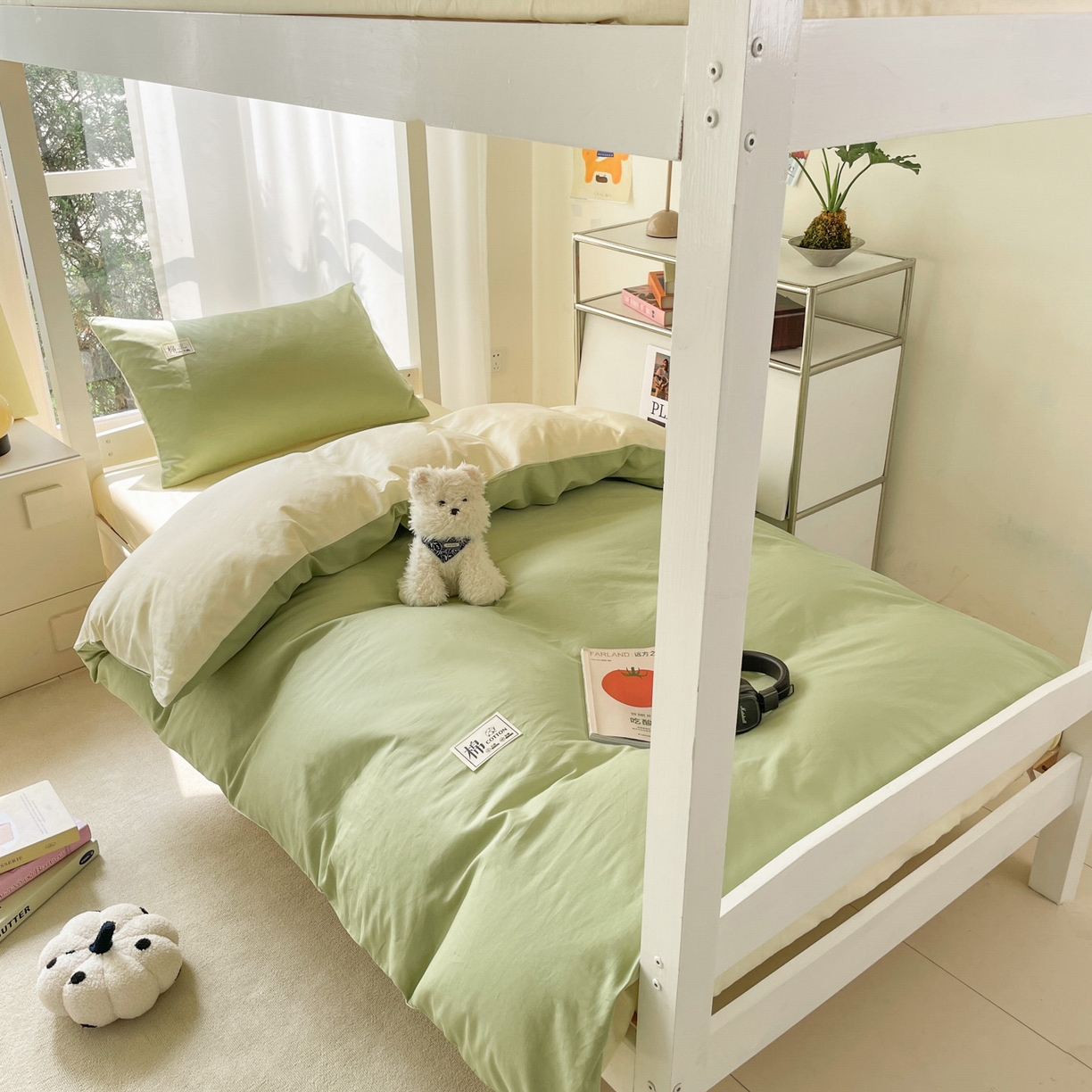 莱通家纺 2025春夏新款纯棉13372纯色双拼学生三件套 抹茶绿+奶昔白