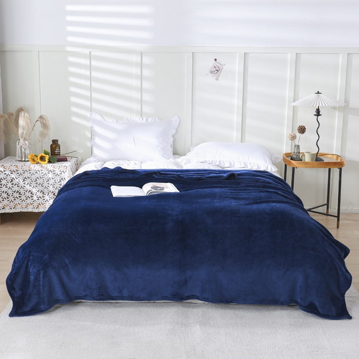 91家纺网 家纺一手货源 找家纺 胜百毛毯2025新款素色200克法兰绒毯 藏青