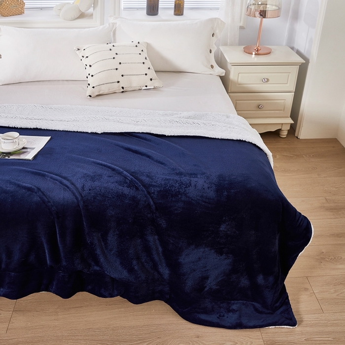 91家纺网 家纺一手货源 找家纺 胜百毛毯 2025新款平方克重200克双面法兰绒毛毯 深蓝