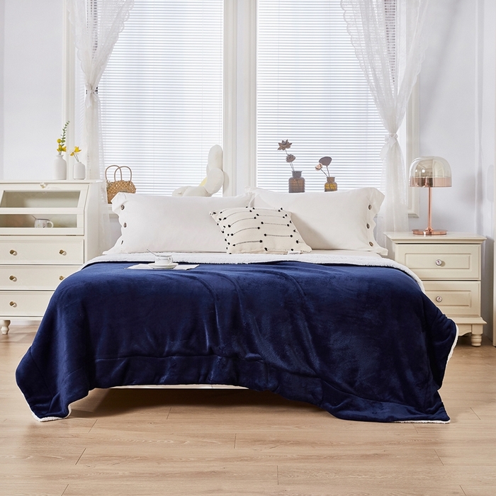 91家纺网 家纺一手货源 找家纺 胜百毛毯 2025新款平方克重200克双面法兰绒毛毯 深蓝